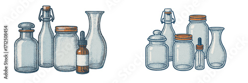 Collection of various glass containers arranged on a neutral background showcasing their unique shapes and sizes
