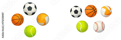 Collection of various sports balls including basketball, soccer, tennis, volleyball, and baseball in vibrant colors