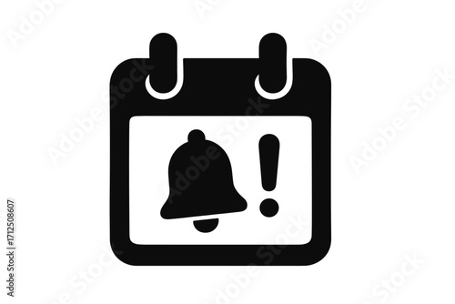 Calendar reminder icon with notification bell. Schedule, appointment, event or deadline symbol. Time management and planning concept. Important date alert vector silhouette.