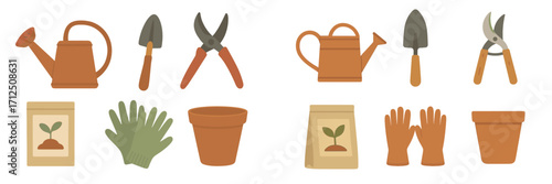 Gardening tools and supplies arranged on a flat surface for planting and outdoor gardening activities