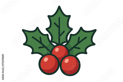 Christmas holly berry icon. Winter holiday plant with red berries and green leaves. Traditional festive decoration symbol. Vector illustration for Xmas design on a white background.