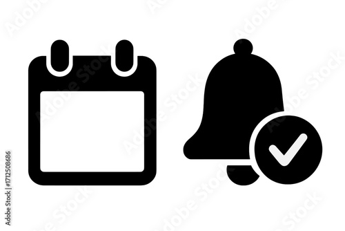 Calendar and notification bell icon set. Vector symbols for reminder, schedule, event, and appointment. Date planner and alert with check mark for subscription confirmation.