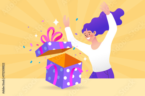 Surprise gift and celebration concept. A happy woman is opening a large present box with confetti flying out. Vector illustration for a birthday, holiday, bonus, or special offer announcement.