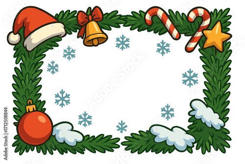 Christmas cartoon frame with fir branches, Santa hat, bell, candy cane, and ornament. Festive winter holiday border decoration. Vector illustration with copy space for text.