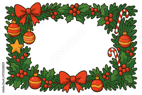 Christmas frame vector border. Winter holiday decoration with holly, berries, candy cane, star and red bow. Festive cartoon illustration for greeting card and invitation design.