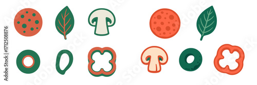 Colorful illustrations of various pizza toppings, including mushrooms, peppers, and leaves suitable for a food-themed project or menu design