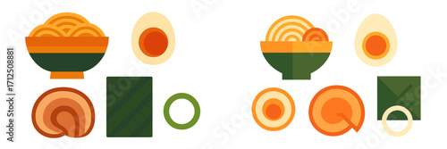 Colorful illustration of bowls with noodles, eggs, and vegetables on a neutral background