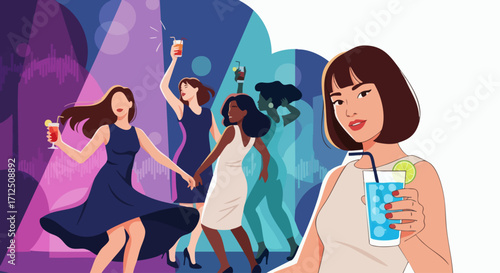 Woman enjoying a cocktail at a vibrant party with friends dancing in the background.