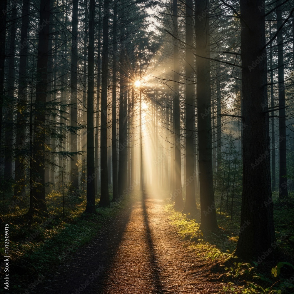 Obraz premium Sun rays shining through tall trees in a misty forest landscape pathway scene