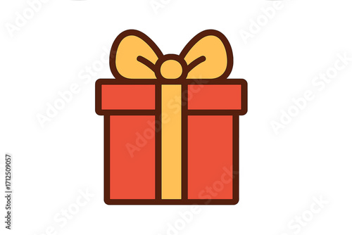 Christmas gift icon vector illustration. Flat style cartoon present box with a ribbon. Holiday surprise graphic for birthday, new year, or celebration. Isolated giftbox design element.