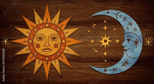 A stylized depiction of the sun and moon on a rustic wooden background, featuring intricate design elements and warm color palettes.