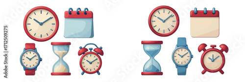 Clocks, calendars, and timers are displayed together, showcasing various time management tools in a colorful arrangement