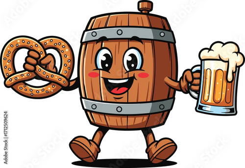 Cartoon beer barrel character holding pretzel and beer mug, Oktoberfest celebration, festive cheerful pose, traditional German theme, smiling mascot