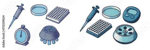 Medical laboratory tools and equipment arranged on a clean surface for research and analysis