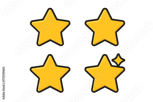 Rating stars vector icon set for reviews. Four golden stars for quality feedback. Customer product review symbol. Favorite and success rate button for website or mobile app.