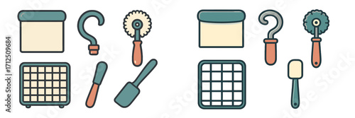 Baking tools are arranged on a white background showcasing essential kitchen implements for pastry making