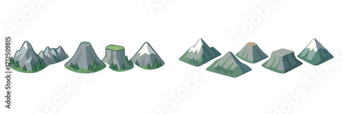 Mountain range with various peaks and volcanic formations in a scenic illustration of nature's beauty