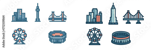 Colorful pixel art of famous landmarks and structures from around the world during a sunny day