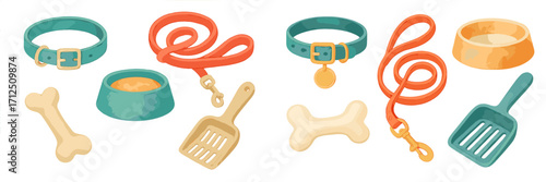 Dog accessories collection including collars, leashes, bowls, and toys displayed on a neutral background