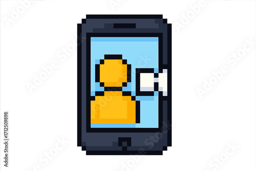 Pixel art smartphone with user profile avatar and message notification. 8-bit mobile phone screen for chat app, social media contact, or digital communication concept vector.