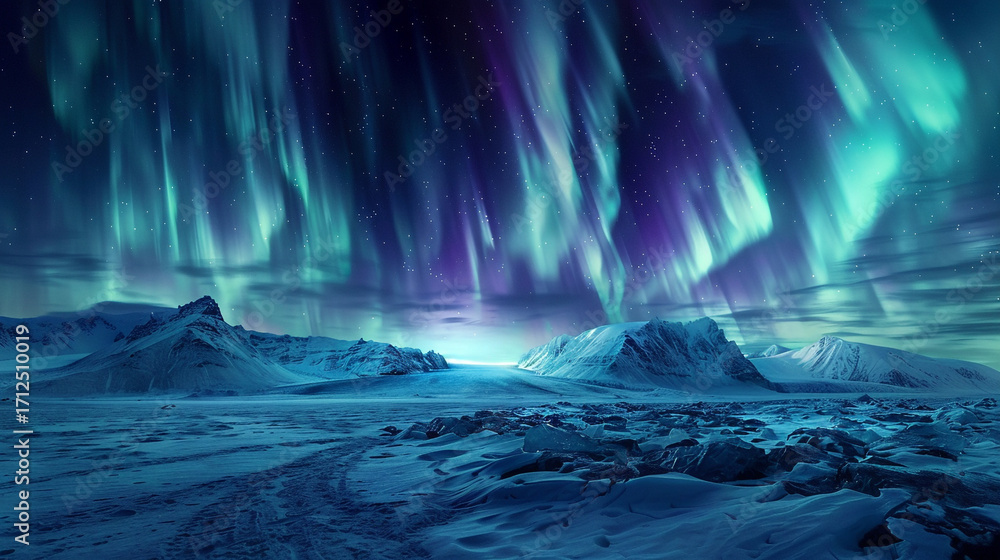 Naklejka premium Aurora borealis over a snowy plain