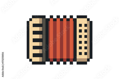 Accordion pixel art icon. Retro 8-bit musical instrument. Folk music symbol for video game asset. Vintage sound equipment cartoon vector illustration. Squeezebox graphic element.
