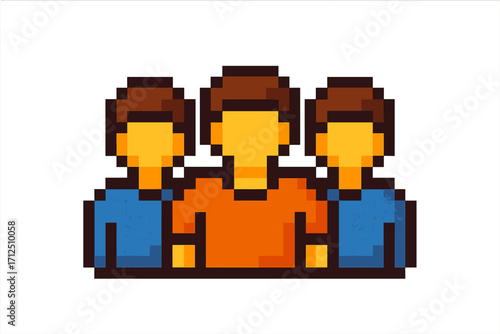 Pixel art people icon. 8-bit group of users symbol. Teamwork or community concept for video games. Simple flat character avatar set. Leadership and society pictogram.