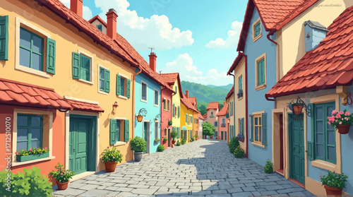 Colorful European street scene with vibrant buildings, red tiled roofs, and a cobblestone road under a partly cloudy sky.