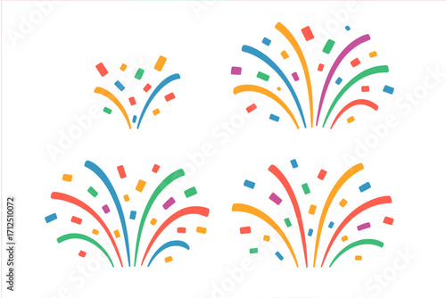 Colorful confetti burst vector icon set. Party popper explosion effect. Flat cartoon design for celebration, birthday, anniversary, new year. Isolated festive surprise element.