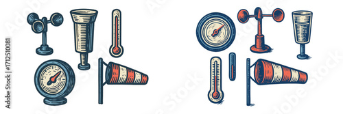 Collection of traditional weather instruments including thermometers and barometers displayed on a flat surface