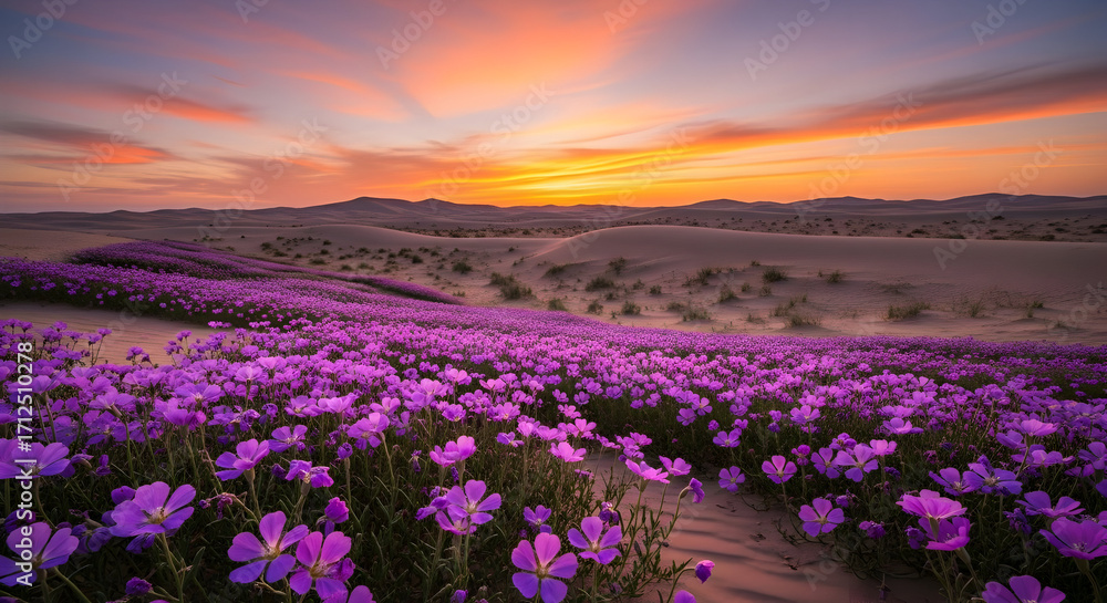 Obraz premium Purple Flowers Blooming in Desert at Sunset - Scenic Landscape
