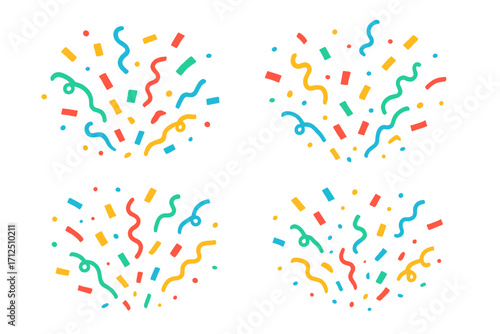 Confetti burst vector set. Celebration elements. Flat design party popper explosion. Festive background for birthday, anniversary, carnival, holiday. Abstract surprise decoration.