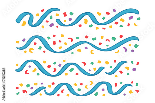 Set of colorful confetti burst and streamer ribbons. Party or carnival decoration elements. Vector cartoon illustration for festive design, anniversary, birthday or holiday concept.