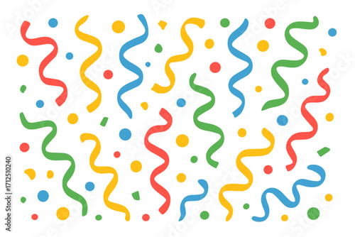 Colorful confetti serpentine background. Party decoration flat vector illustration. Celebration seamless pattern for birthday, holiday, carnival or festival. Festive abstract streamers.