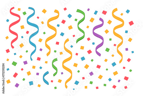 Colorful confetti and serpentine background. Falling party decoration vector illustration for celebration, birthday, carnival. Festive surprise design element flat cartoon style.