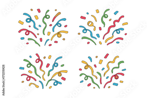 Confetti splash effect vector set. Colorful party popper explosion cartoon illustration. Flat design elements for celebration, birthday, carnival, festival. Isolated serpentine ribbons.