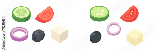 Fresh ingredients for a vibrant salad with vegetables, cheese, and olives on a clean surface