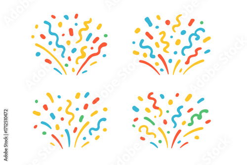 Vector confetti splash and firework burst icon set. Colorful cartoon elements for party, celebration, and carnival. Flat design holiday decoration elements for events.