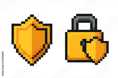 Pixel art security icon set. Vector 8-bit shield and padlock symbols. Retro video game style digital protection, safety, and privacy concept. Cybersecurity graphic element.