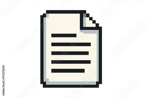 Pixel art document icon. 8-bit file symbol for retro gaming UI. Vintage digital paper page for web design. Old school computer interface element. Note or text data sign.