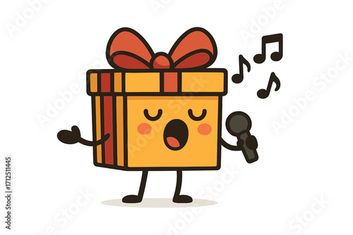 Cute gift box character singing karaoke with microphone. Funny present mascot for birthday, Christmas, or holiday celebration. Vector cartoon illustration for greeting card.