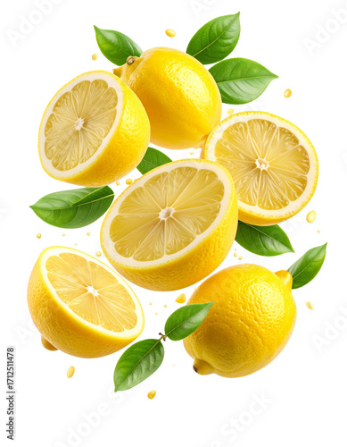 Lemons on Transparent Background - Falling Juicy Lemons with Green Leaves for Product Placement - Fresh, Fruit and Clean Marketing Visual