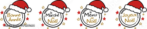 Étiquette avec chapeau de Père Noël, marché de noël, menu de noël, joyeux noël, bonne année