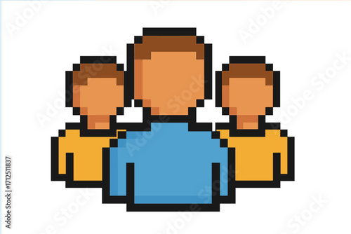 Pixel art group icon. 8 bit style team avatars for video game. Social network user profile symbol. Community or teamwork concept. Retro digital characters vector illustration.
