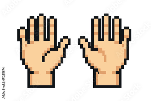 Pixel art hands icon. 8-bit retro game style gesture. Concept for community, group, support, prayer, praise, charity, or welcome. Social connection symbol. Vector illustration.