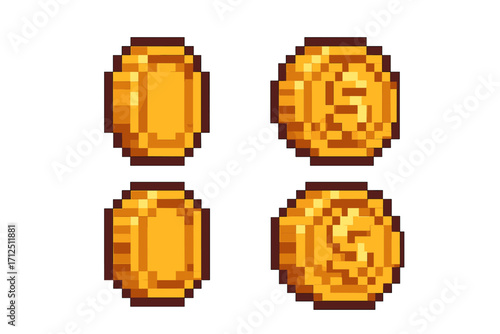 Pixel art coin animation set. Golden money spin sprite sheet for game development. 8-bit retro video game currency icon. Wealth, treasure, and finance concept vector.