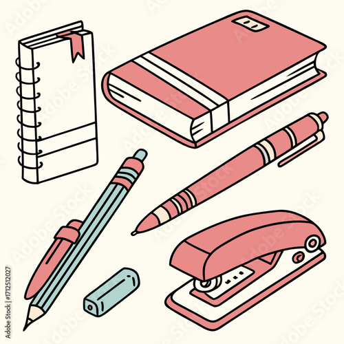 Stationery items including a notebook, pen, pencil and stapler
