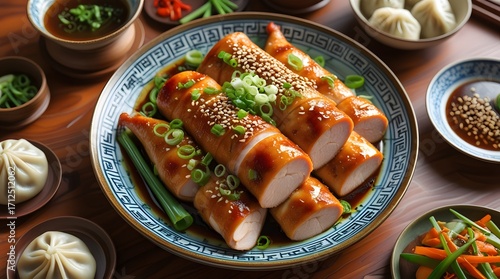 Delicious sliced chicken roll marinated in Chinese wine, known as drunken chicken, arranged on a traditional ceramic plate with intricate designs