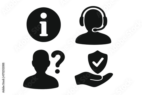 Information and customer support icon set. Call center operator, user question, security shield, and info point symbols. Vector silhouettes for help desk, FAQ, and assistance concepts.