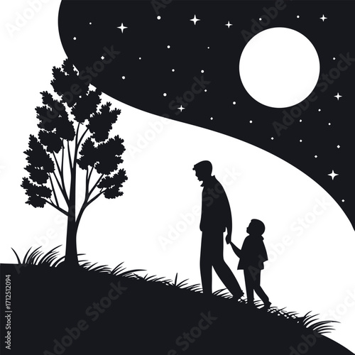 Lovers in the night, a silhouette of a couple walking through a park under a starry sky
